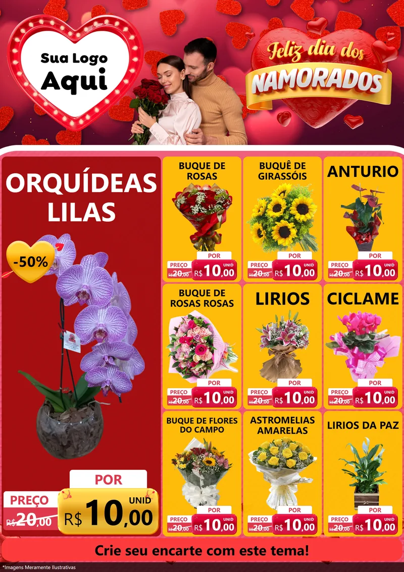 Modelo de Encarte para Encarte A4 Vertical com o tema Feliz Dia Dos Namorados para Floricultura e jardim
