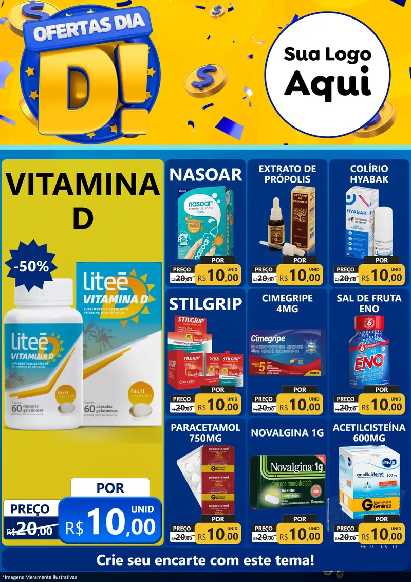Modelo de Encarte para Encarte A4 Vertical com o tema Ofertas Dia D para Farmácia