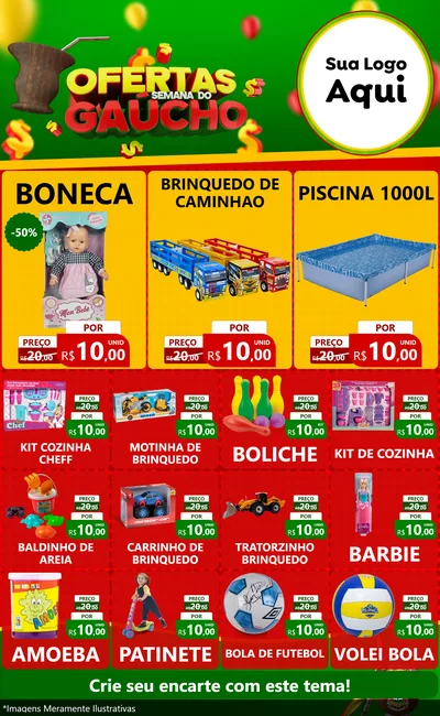 Modelo de Encarte para Encarte Grande com o tema Ofertas Semana Do Gaúcho para Brinquedos
