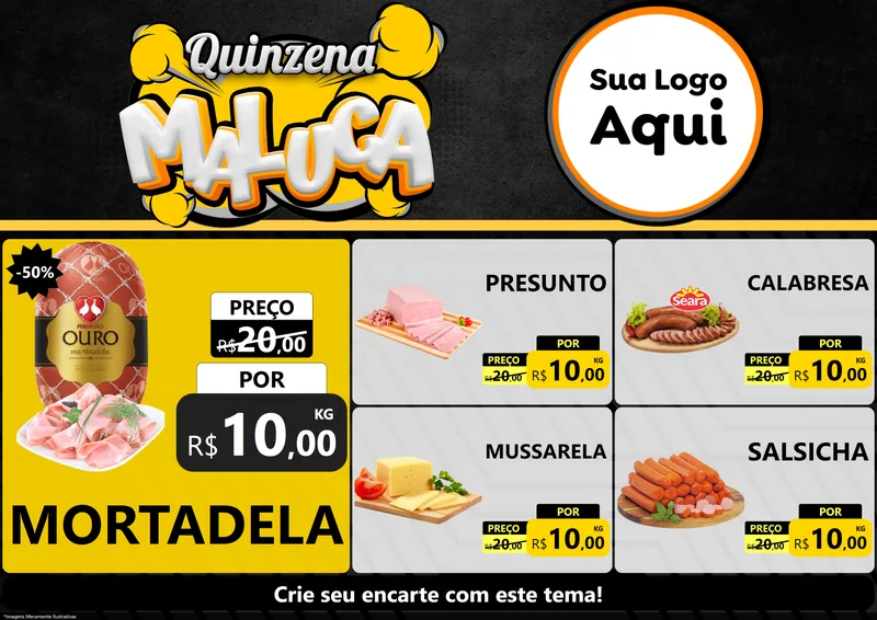 Modelo de Encarte para Encarte A4 Horizontal com o tema Quinzena Maluca para Frios e Laticínios