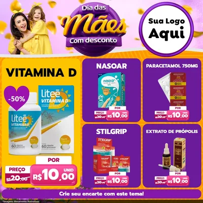 Modelo de Rede Social para Feed Facebook com o tema Dia das Mães com Desconto para Farmácia