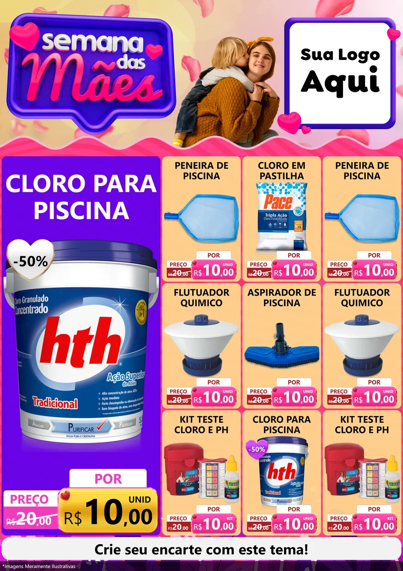 Modelo de Encarte para Encarte A4 Vertical com o tema Semana das Mães para Produtos para Piscina