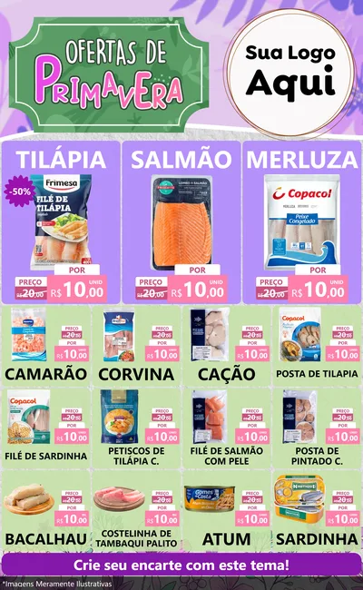 Modelo de Encarte para Encarte Grande com o tema Ofertas de Primavera para Peixaria