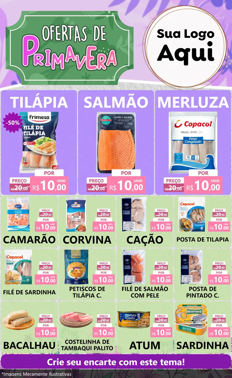 Modelo de Encarte para Encarte Grande com o tema Ofertas de Primavera para Peixaria