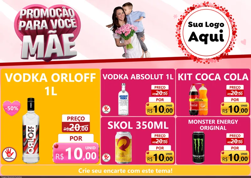 Modelo de Encarte para Encarte A4 Horizontal com o tema Promoção Para Você Mãe para Distribuidora de bebidas