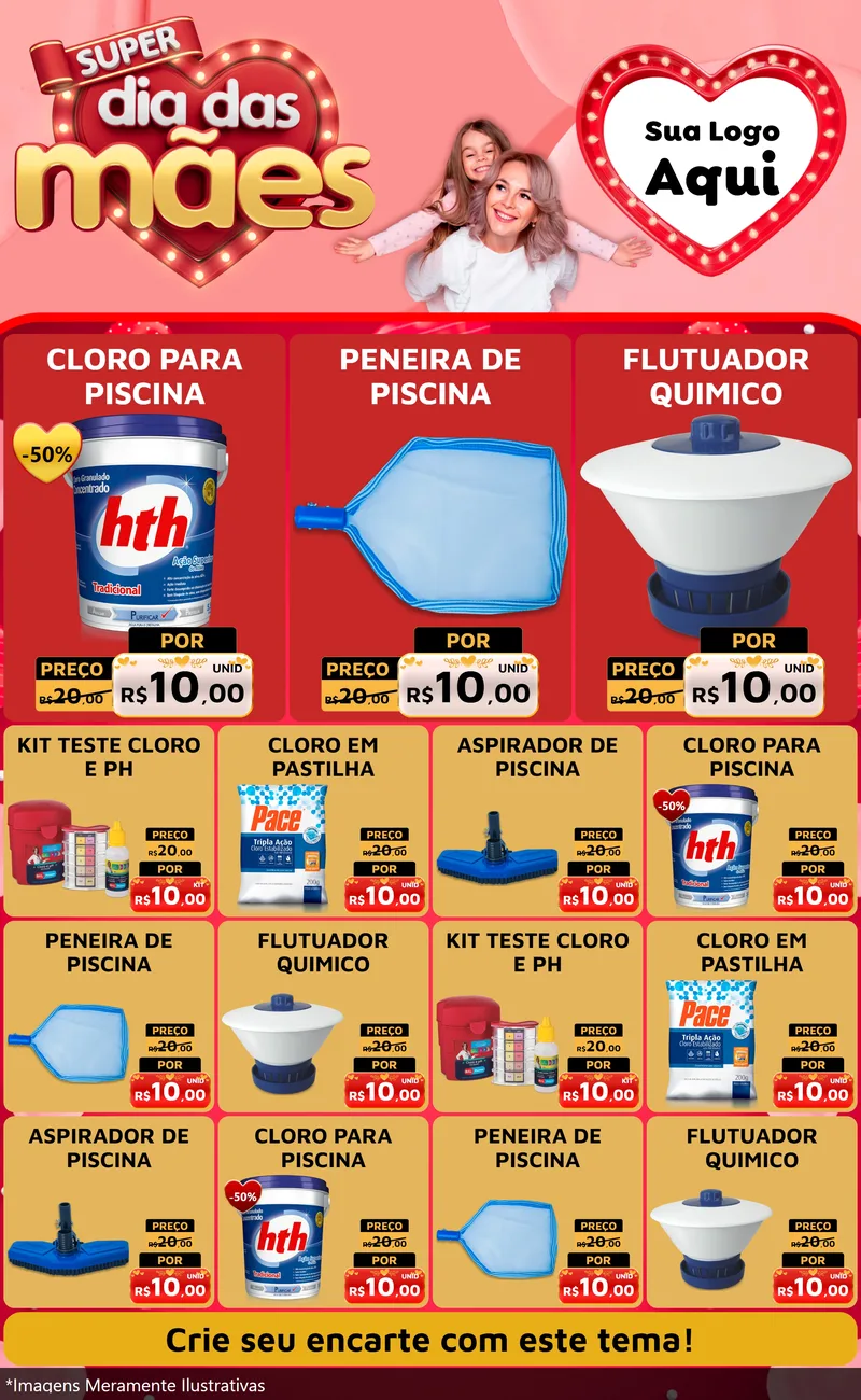 Modelo de Encarte para Encarte Grande com o tema Super Dia Das Mães para Produtos para Piscina