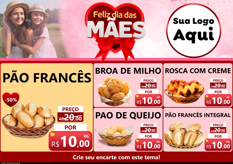 Modelo de Encarte para Encarte A4 Horizontal com o tema Feliz Dia Das Mães para Padaria