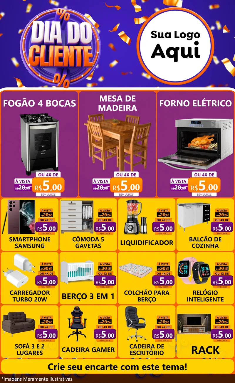 Modelo de Encarte para Encarte Grande com o tema Dia do Cliente para Móveis e Eletro
