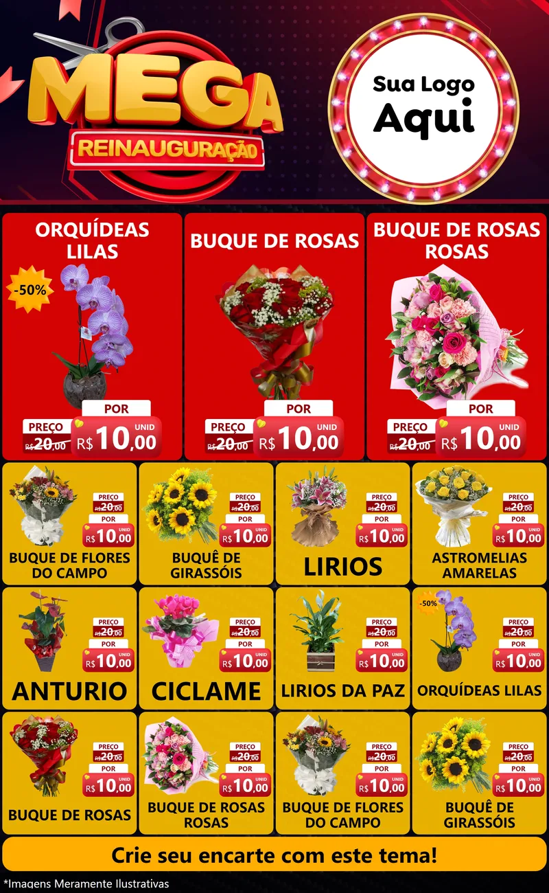 Modelo de Encarte para Encarte Grande com o tema Mega Reinauguração para Floricultura e jardim