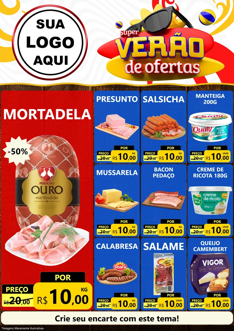 Modelo de Encarte para Encarte A4 Vertical com o tema Super Verão de Ofertas para Frios e Laticínios