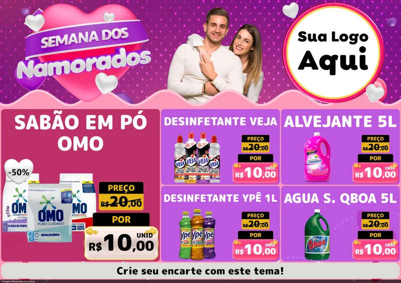Modelo de Encarte para Encarte A4 Horizontal com o tema Semana dos Namorados para Produtos de Limpeza