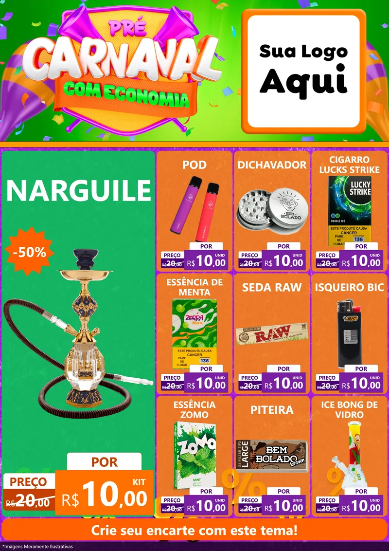 Modelo de Encarte para Encarte A4 Vertical com o tema Pré-Carnaval Com Economia para Tabacaria