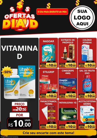 Modelo de Encarte para Encarte A4 Vertical com o tema Ofertas Dia D para Farmácia