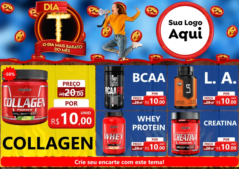 Modelo de Encarte para Encarte A4 Horizontal com o tema Dia T - O Dia Mais Barato Do Mês para Suplementos alimentares