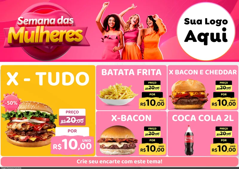 Modelo de Encarte para Encarte A4 Horizontal com o tema Semana das Mulheres para Hamburgueria