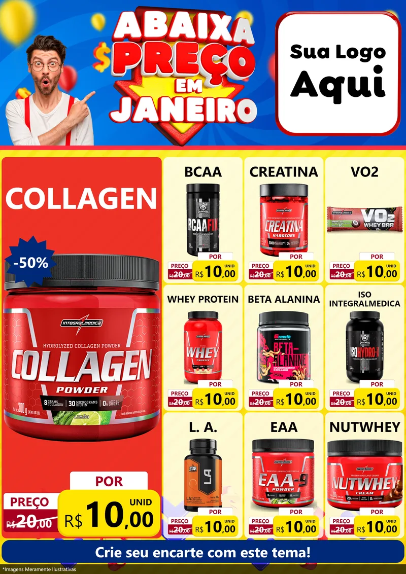 Modelo de Encarte para Encarte A4 Vertical com o tema Abaixa Preço em Janeiro para Suplementos alimentares