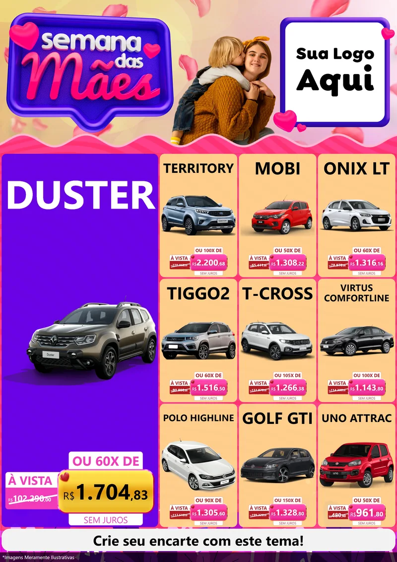 Modelo de Encarte para Encarte A4 Vertical com o tema Semana das Mães para Concessionaria de Carros