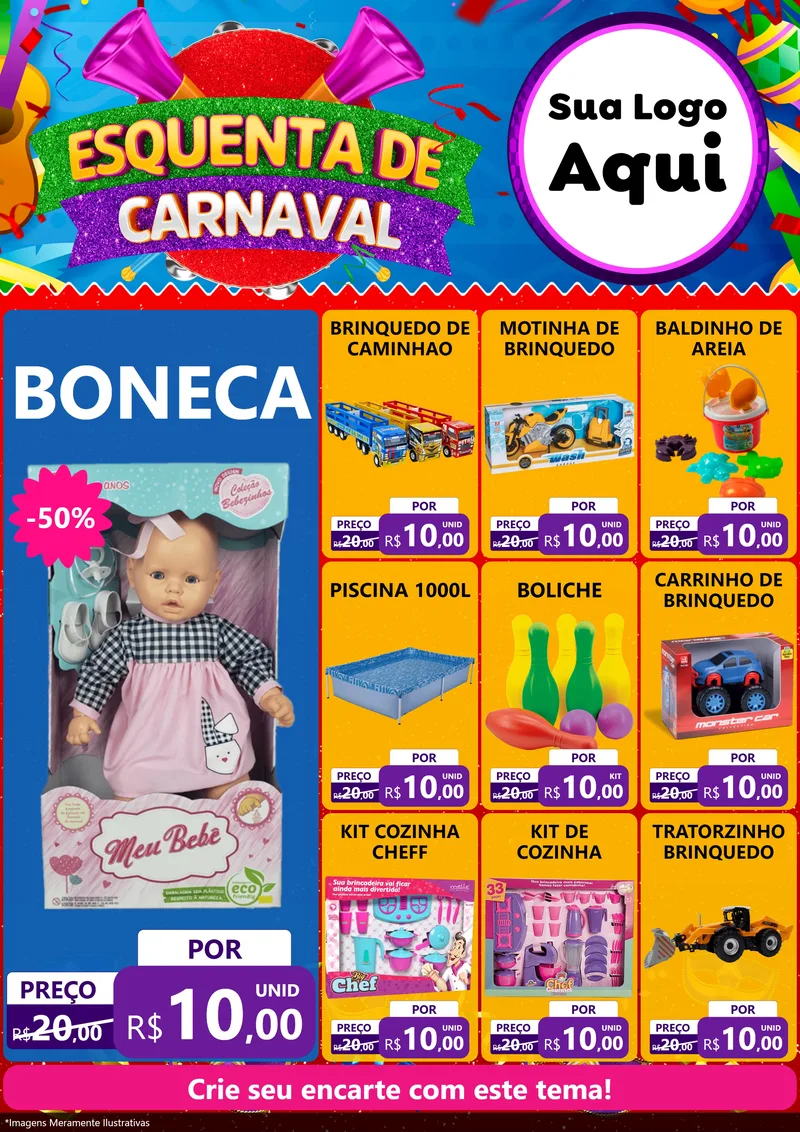Modelo de Encarte para Encarte A4 Vertical com o tema Esquenta de Carnaval para Brinquedos