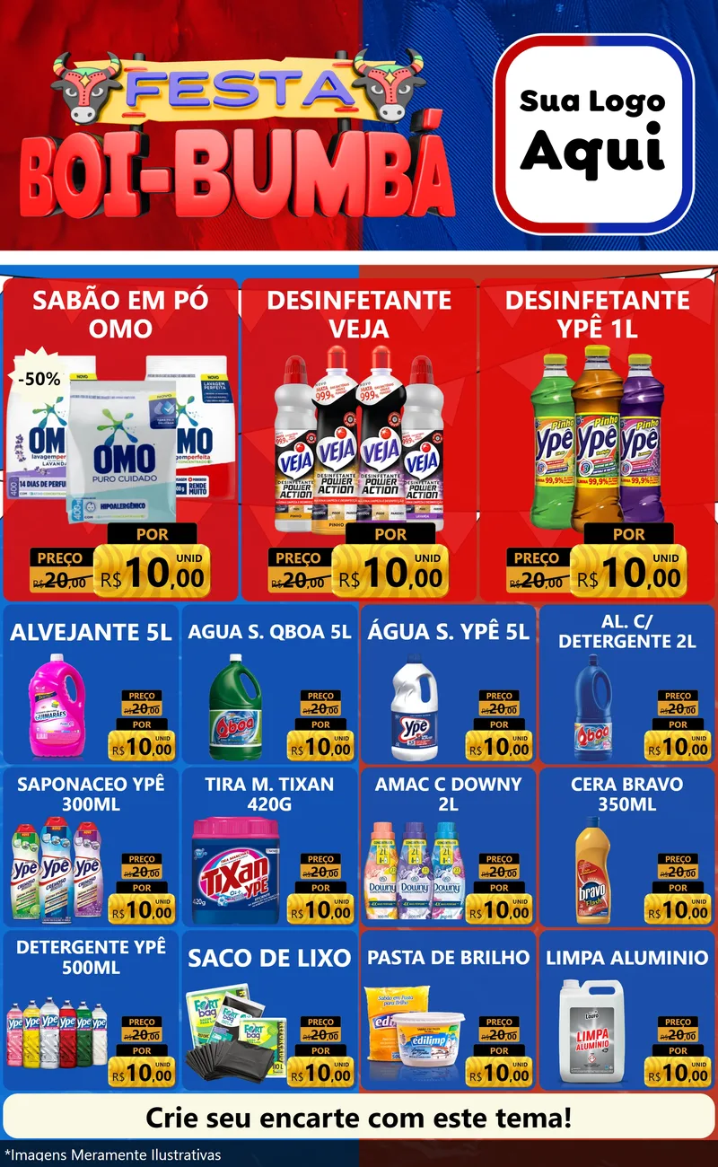 Modelo de Encarte para Encarte Grande com o tema Festa Boi Bumbá para Produtos de Limpeza