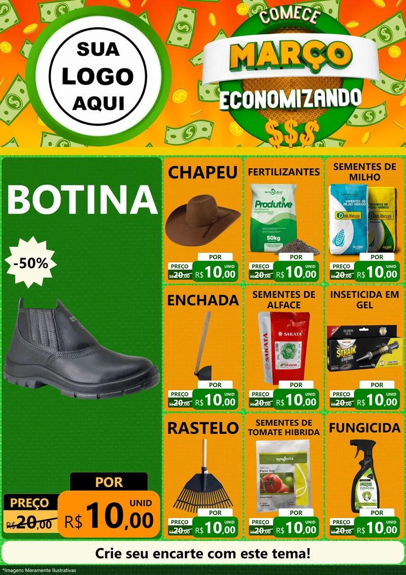 Modelo de Encarte para Encarte A4 Vertical com o tema Comece Março Economizando para Agropecuária