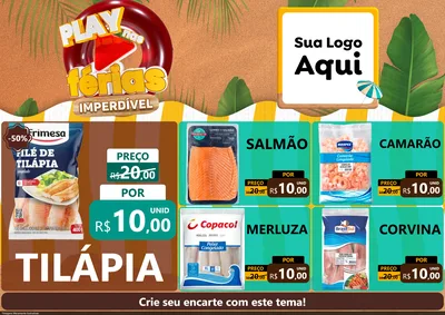 Modelo de Encarte para Encarte A4 Horizontal com o tema Play Nas Férias Imperdível para Peixaria