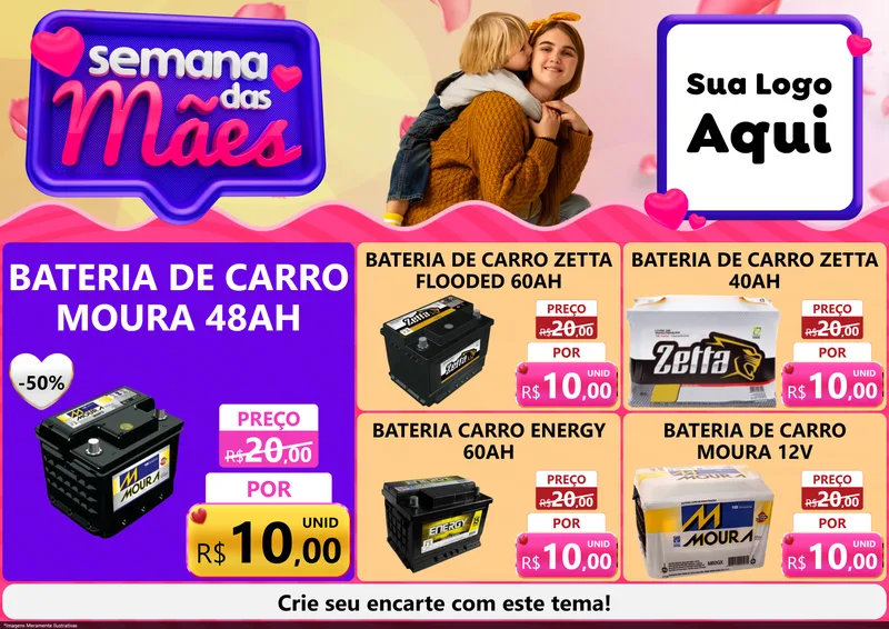 Modelo de Encarte para Encarte A4 Horizontal com o tema Semana das Mães para Baterias Elétricas