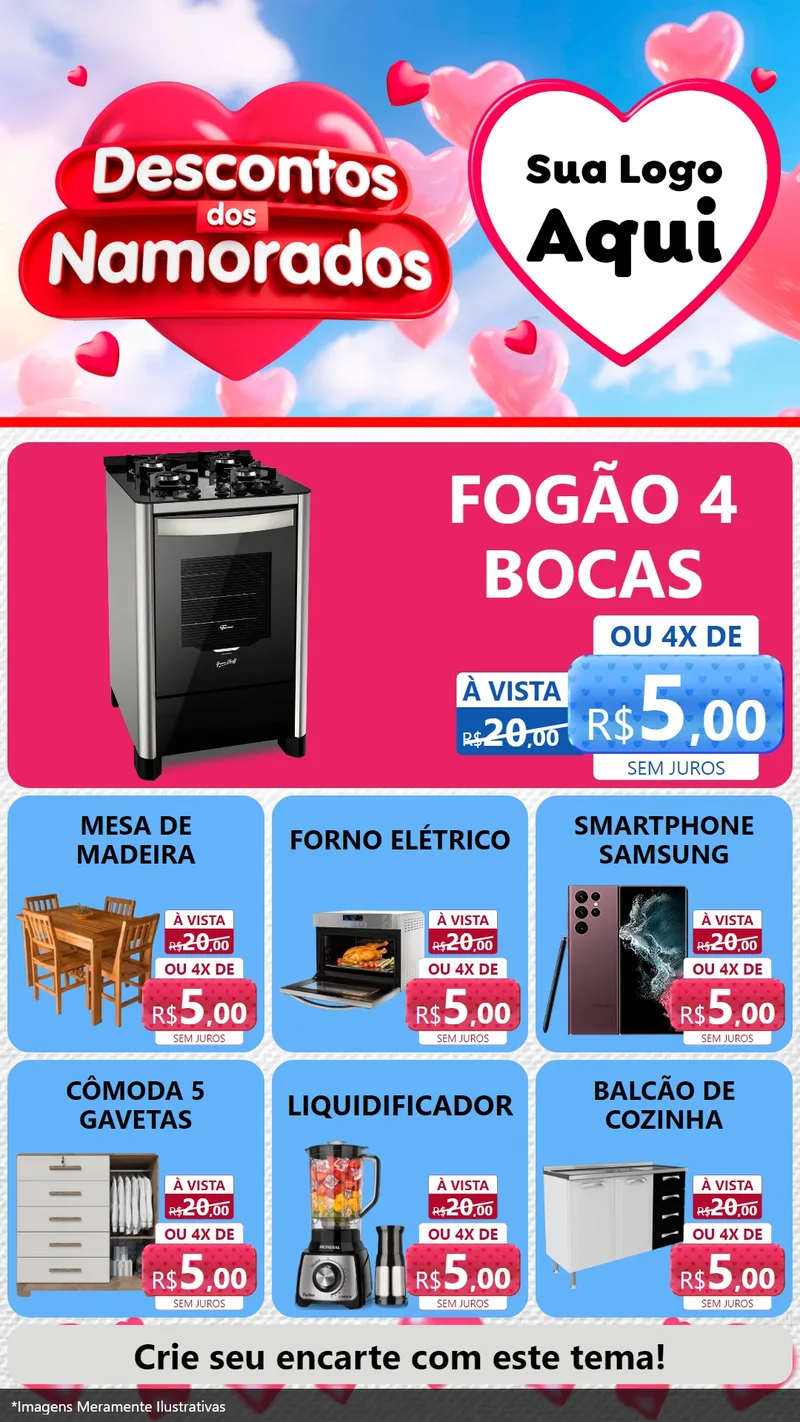 Modelo de Rede Social para Stories com o tema Descontos dos Namorados para Móveis e Eletro