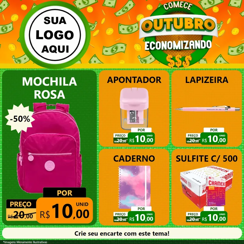 Modelo de Rede Social para Feed Facebook com o tema Comece Outubro Economizando para Papelaria