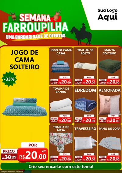 Modelo de Encarte para Encarte A4 Vertical com o tema Semana Farroupilha - Uma Barbaridade de Ofertas para Cama, Mesa e Banho