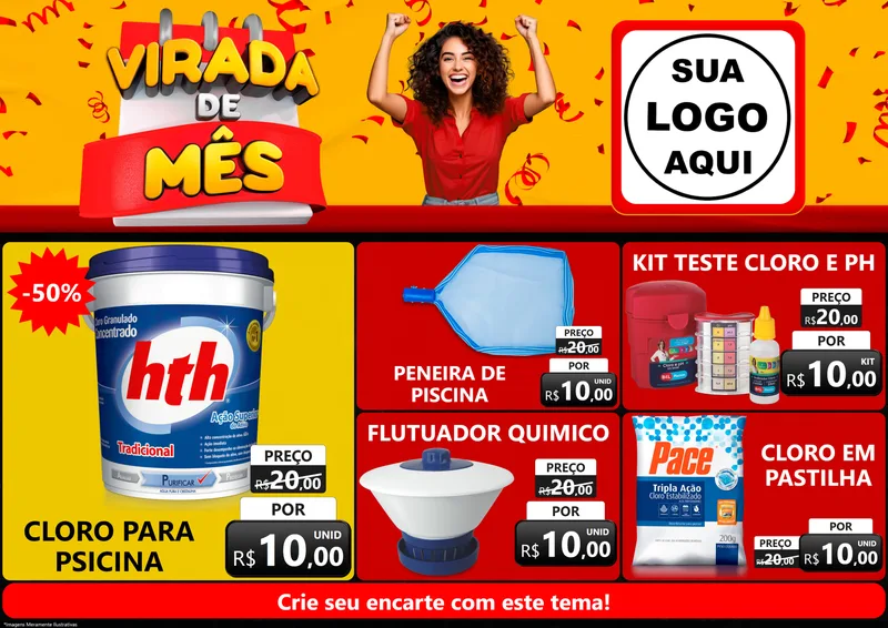 Modelo de Encarte para Encarte A4 Horizontal com o tema Virada de Mês para Produtos para Piscina