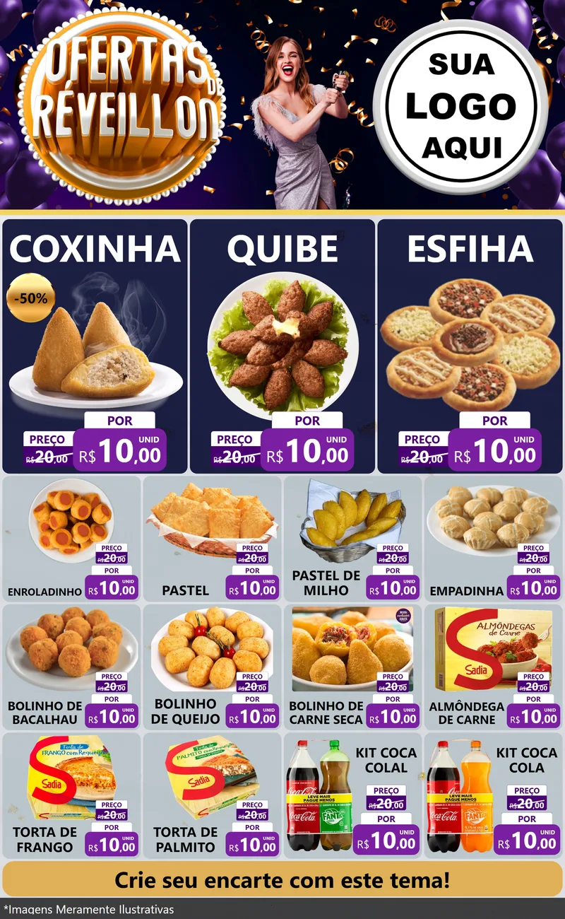 Modelo de Encarte para Encarte Grande com o tema Ofertas de Réveillon para Salgadaria