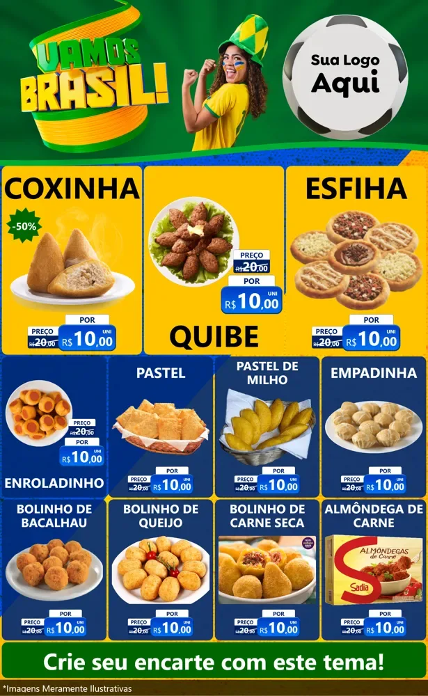 Modelo de Encarte para Encarte Grande com o tema Vamos Brasil - Copa para Salgadaria