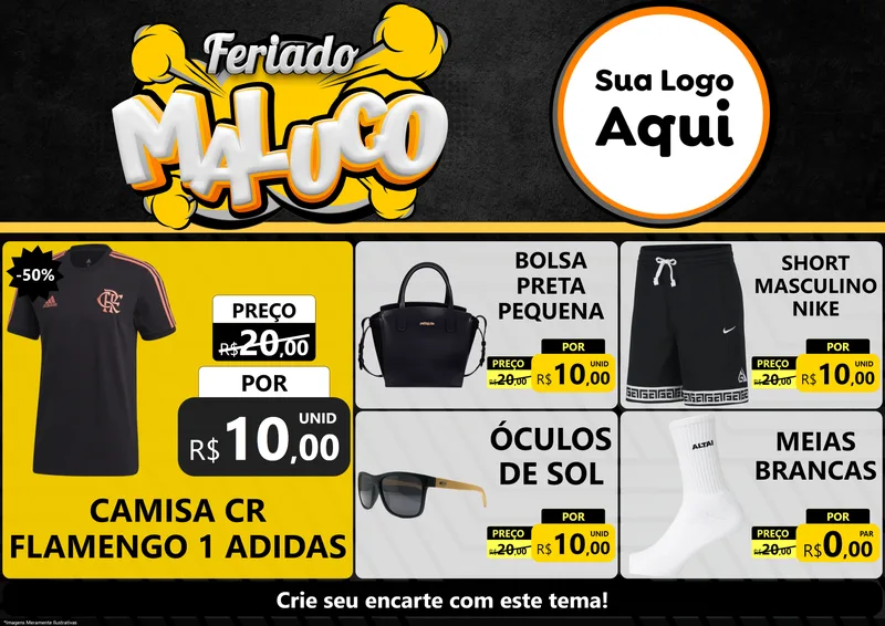 Modelo de Encarte para Encarte A4 Horizontal com o tema Feriado Maluco para Roupas e acessórios