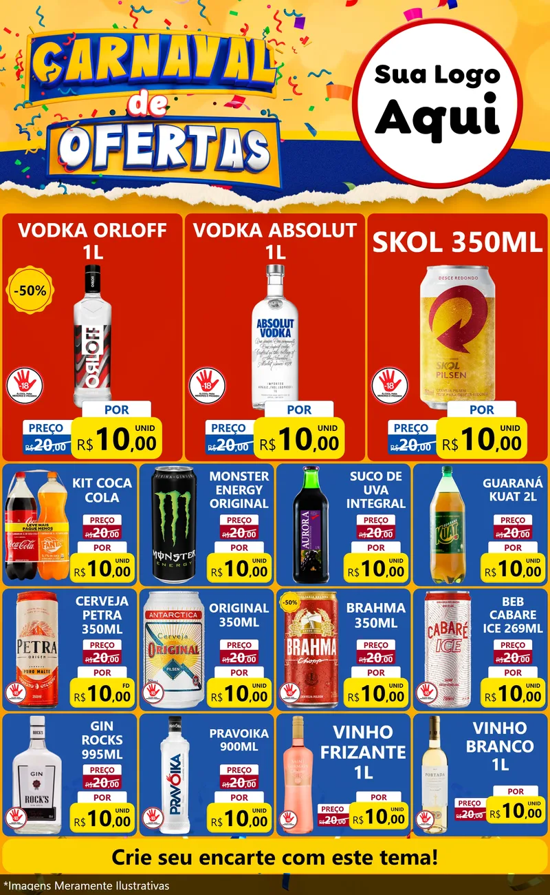 Modelo de Encarte para Encarte Grande com o tema Carnaval de Ofertas para Distribuidora de bebidas
