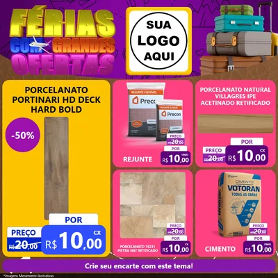 Modelo de Rede Social para Feed Facebook com o tema Férias com Grandes Ofertas para Pisos e revestimentos