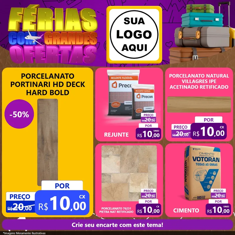 Modelo de Rede Social para Feed Facebook com o tema Férias com Grandes Ofertas para Pisos e revestimentos
