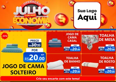 Modelo de Encarte para Encarte A4 Horizontal com o tema Operação Julho Com Mais Economia para Cama, Mesa e Banho