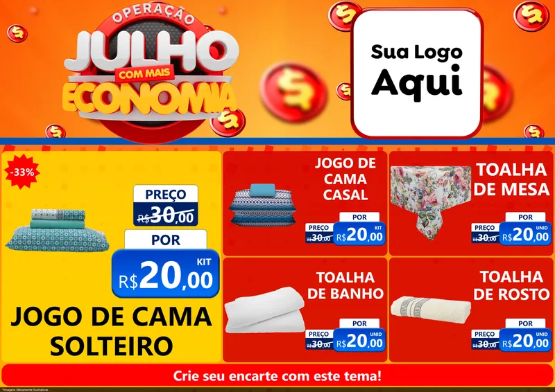 Modelo de Encarte para Encarte A4 Horizontal com o tema Operação Julho Com Mais Economia para Cama, Mesa e Banho