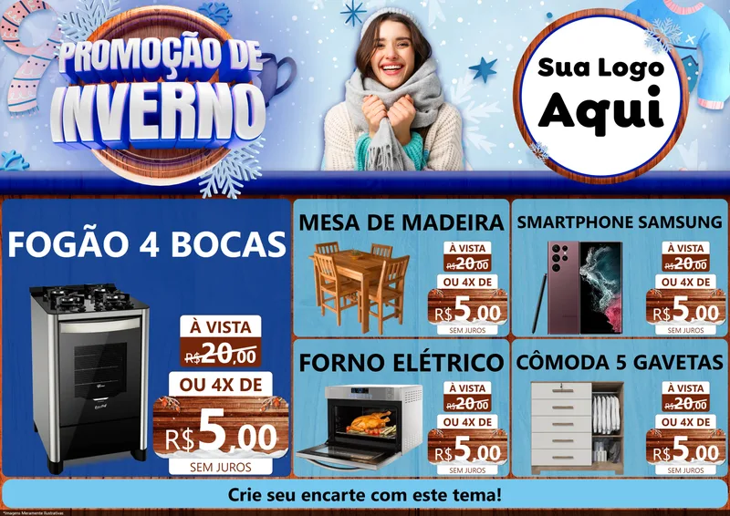 Modelo de Encarte para Encarte A4 Horizontal com o tema Promoção de Inverno para Móveis e Eletro