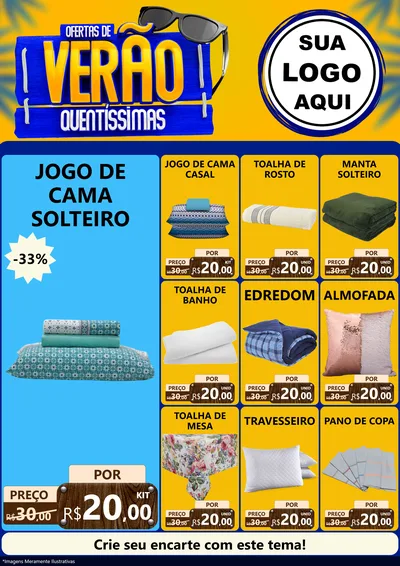Modelo de Encarte para Encarte A4 Vertical com o tema Ofertas de Verão Quentíssimas para Cama, Mesa e Banho