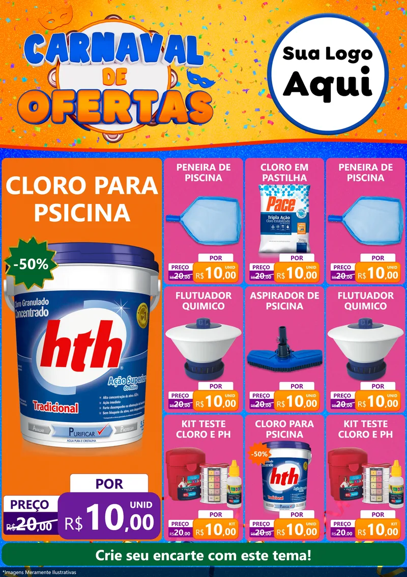 Modelo de Encarte para Encarte A4 Vertical com o tema Carnaval de Ofertas para Produtos para Piscina