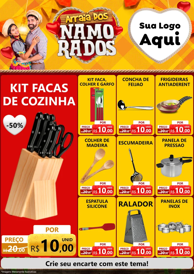 Modelo de Encarte para Encarte A4 Vertical com o tema Arraiá dos Namorados para Utilidades Domésticas