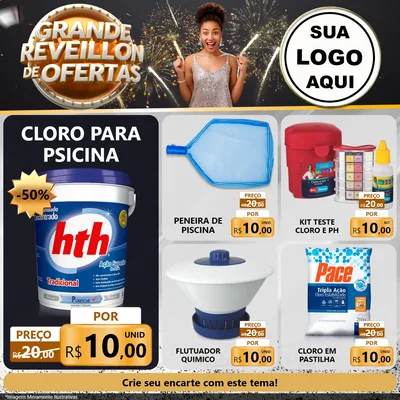 Modelo de Rede Social para Feed Facebook com o tema Grande Réveillon de Ofertas para Produtos para Piscina