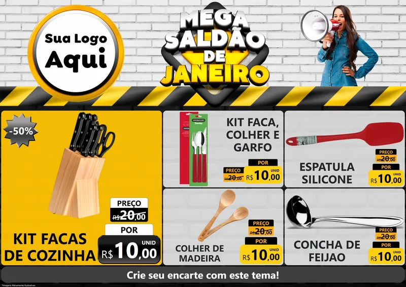 Modelo de Encarte para Encarte A4 Horizontal com o tema Mega Saldão de Janeiro para Utilidades Domésticas