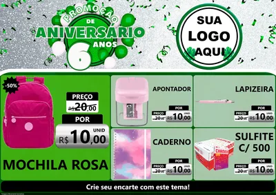 Modelo de Encarte para Encarte A4 Horizontal com o tema Promoção de Aniversário - 6 Anos para Papelaria