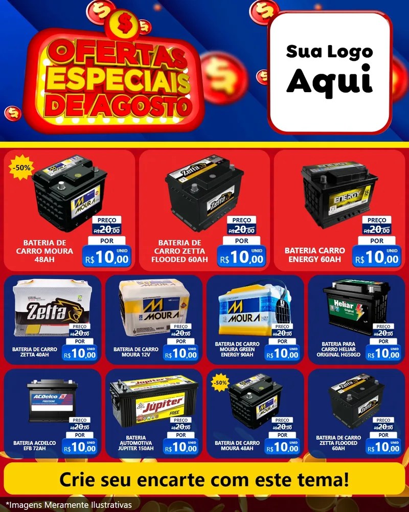 Modelo de Rede Social para Feed Instagram com o tema Ofertas Especiais de Agosto para Baterias Elétricas