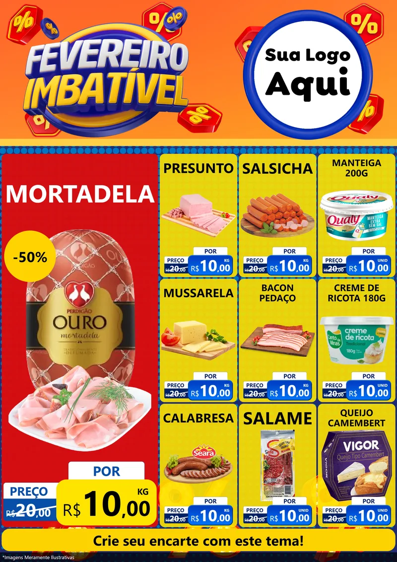 Modelo de Encarte para Encarte A4 Vertical com o tema Fevereiro Imbatível para Frios e Laticínios