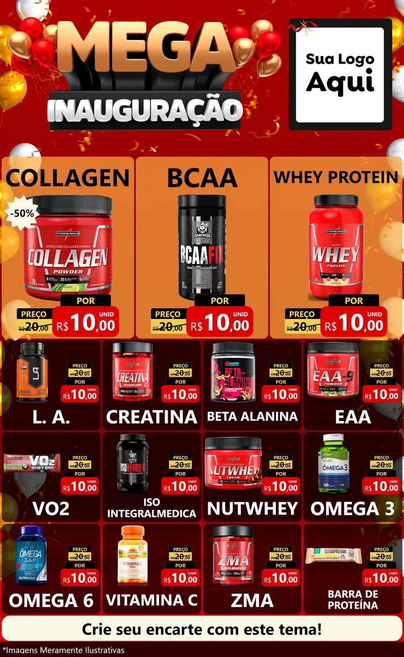 Modelo de Encarte para Encarte Grande com o tema Mega Inauguração para Suplementos alimentares