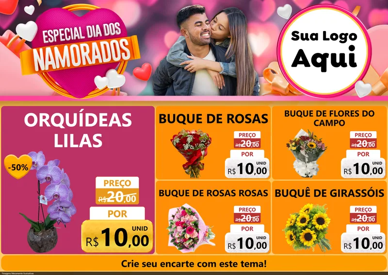 Modelo de Encarte para Encarte A4 Horizontal com o tema Especial Dia dos Namorados para Floricultura e jardim