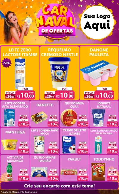 Modelo de Encarte para Encarte Grande com o tema Carnaval de Ofertas para Frios e Laticínios